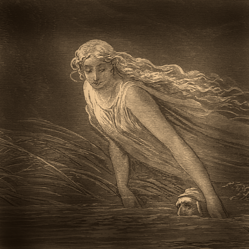 Engraving of a woman leaning over dark water, pulling a man's head through the current.